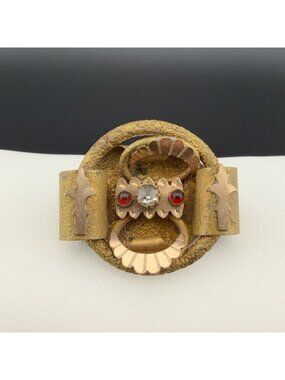 Antique Victorian Gilt Brass Buckle Brooch Red Clear Paste Stones C Clasp Pin